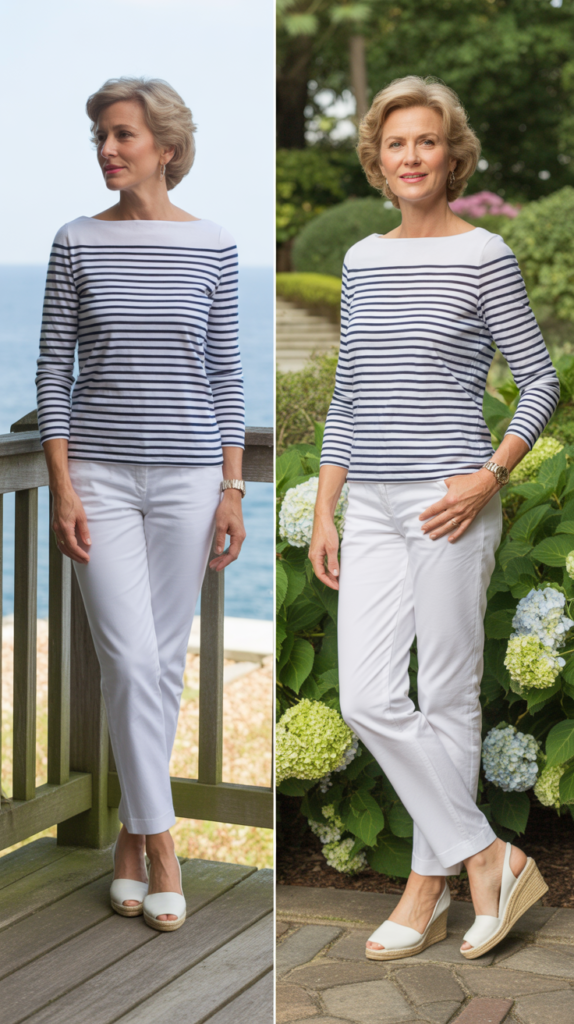 Striped Boatneck Top with White Pants