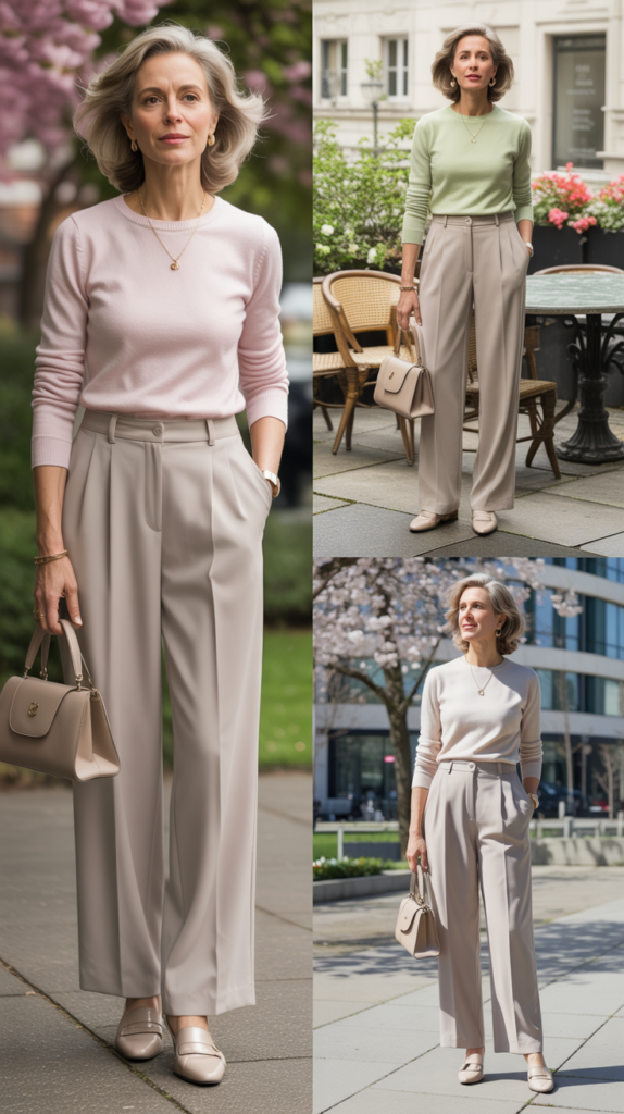 Cashmere or Cotton Sweater with Wide-Leg Trousers