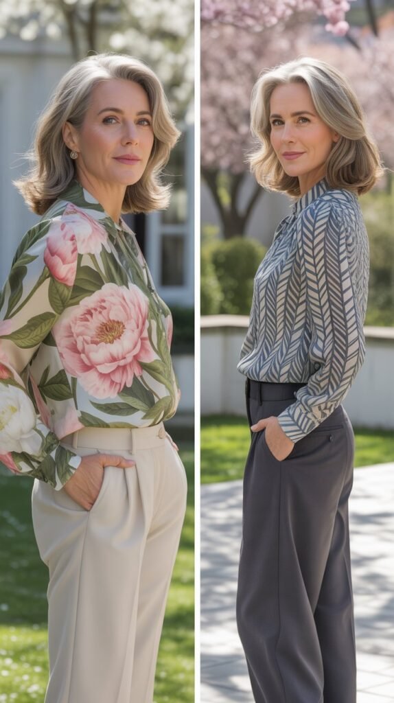  Printed Blouse with Solid Trousers