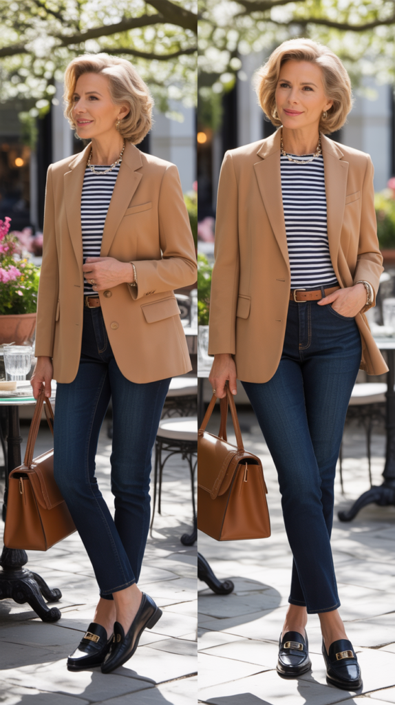 Camel Blazer with Striped Top and Dark Jeans
