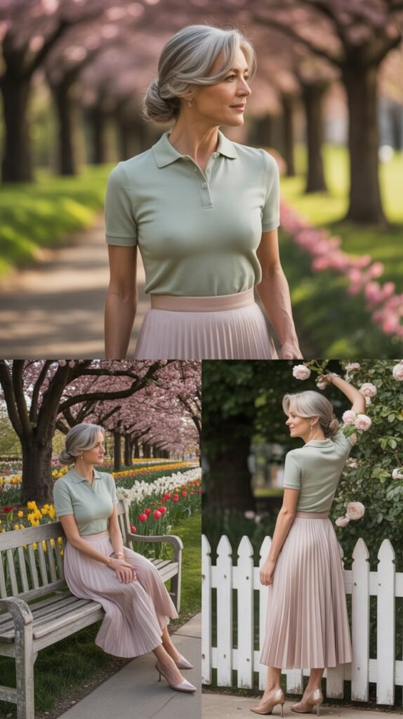 Knit Polo Shirt with Pleated Skirt