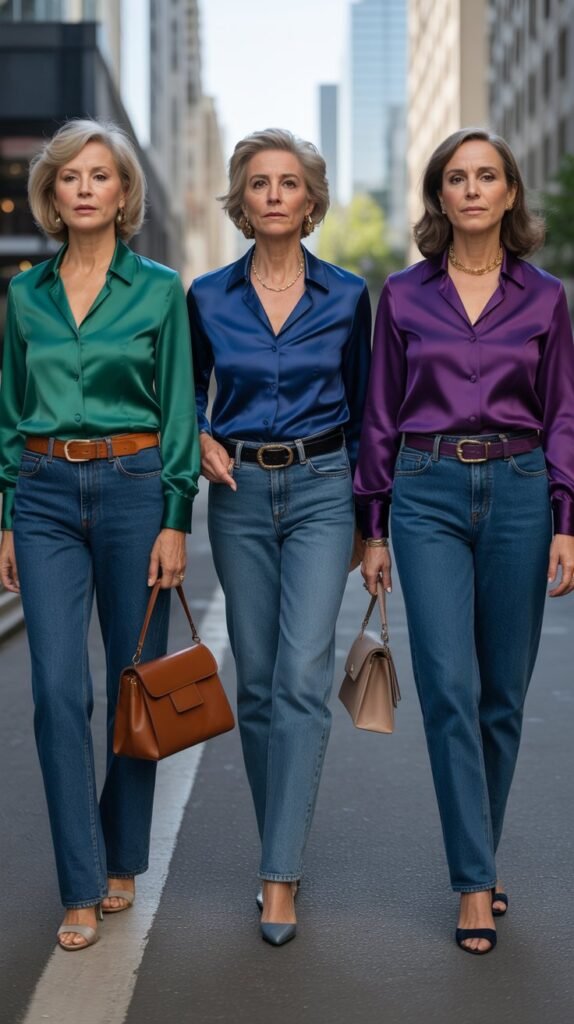  Silk Blouse with Dark Jeans and Statement Belt