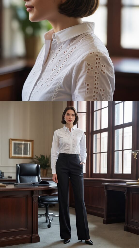 Eyelet Cotton Blouse with Tailored Black Trousers