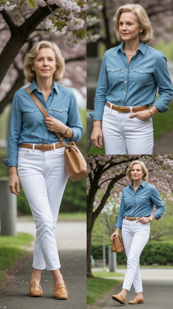  Chambray Shirt with White Jeans