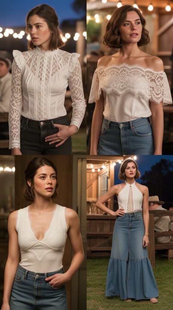 White Lace Top With Denim Bottoms