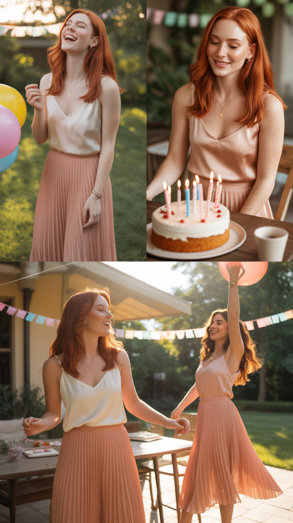 Peach Pleated Skirt with Silk Camisole