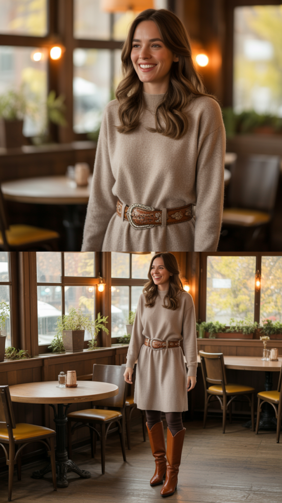 Sweater Dress with Western Belt and Knee-High Boots