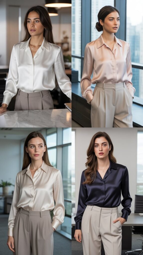 Silk Blouse with High-Waisted Trousers