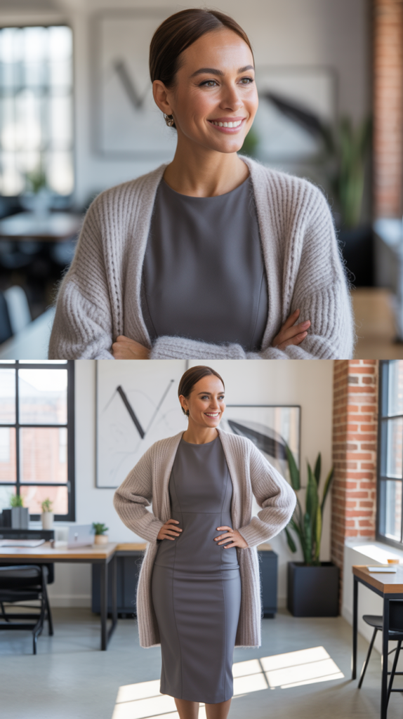 Chunky Knit Cardigan Over Midi Dress