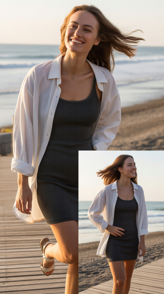 Button-Down Shirt as Jacket Over Tank Dress