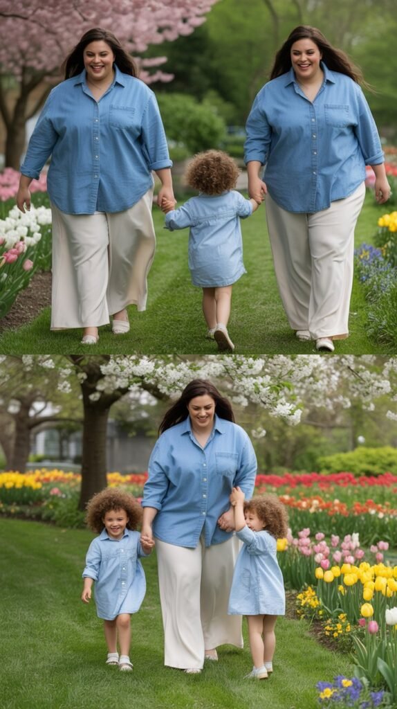 Chambray Shirts Paired with Flowing Wide-Leg Pants