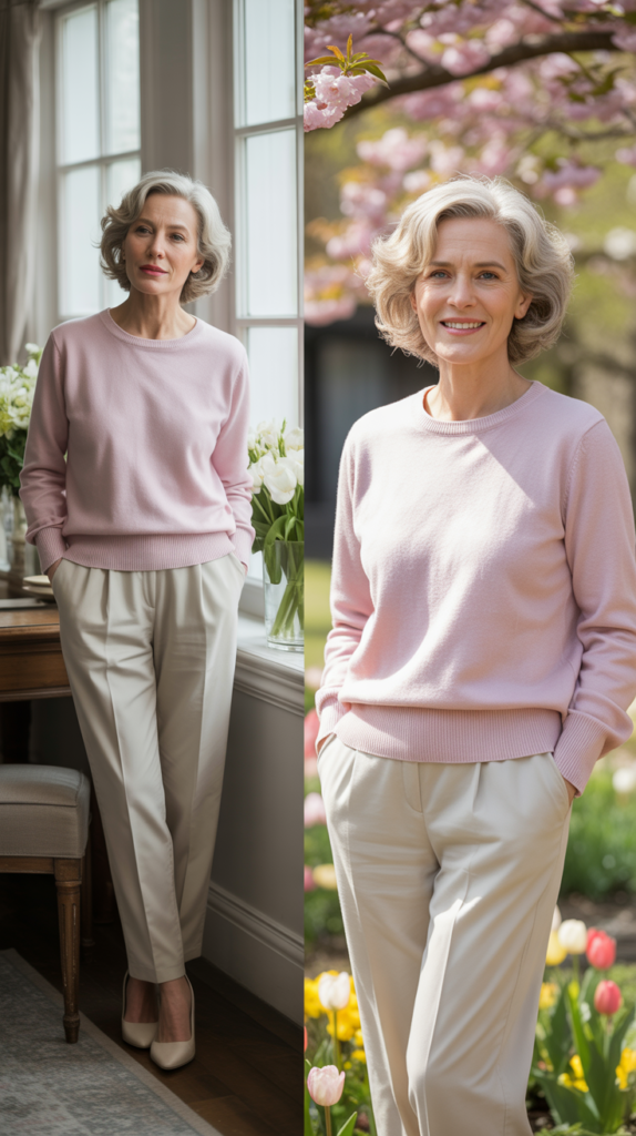 Pastel Sweater Set with Tailored Trousers