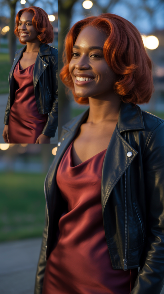 Burgundy Silk Slip Dress with Leather Jacket