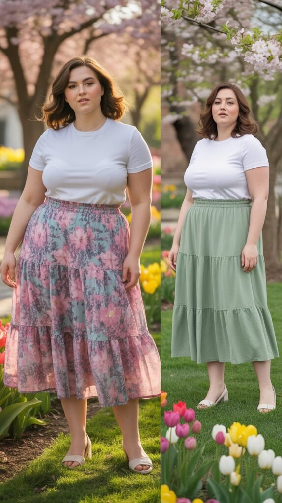 Tiered Midi Skirt with Tucked Tee