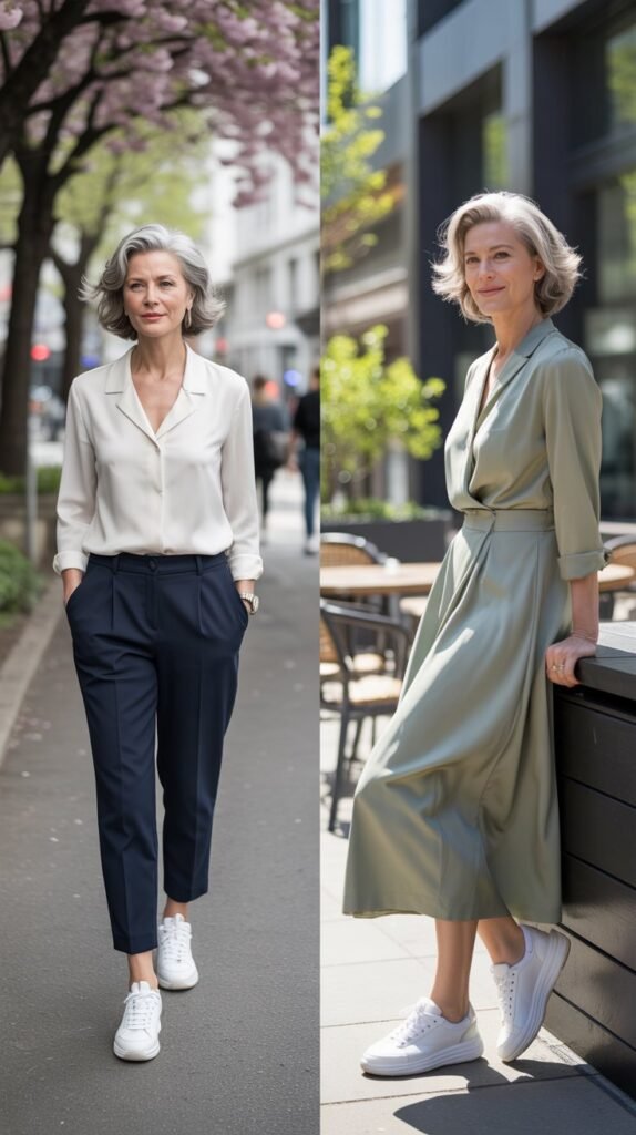  White Sneakers with Tailored Pieces