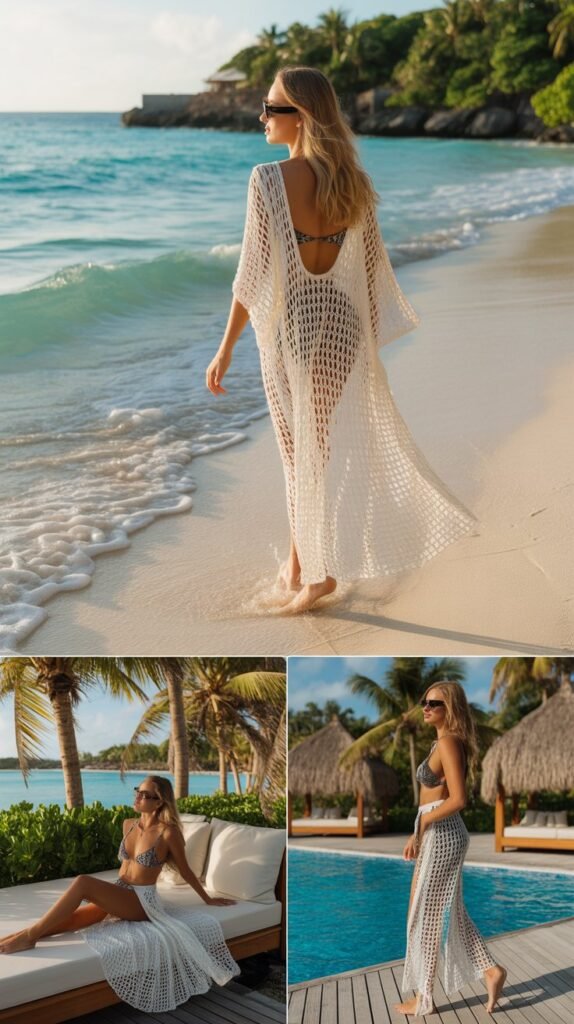 Crochet Beach Cover-Up Dress Over Swimwear