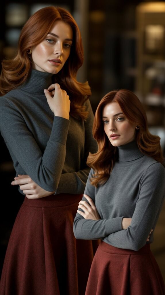 Charcoal Gray Turtleneck with Burgundy Skirt