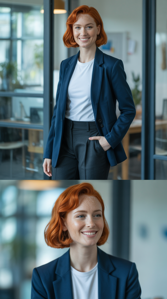  Navy Blue Blazer with White Tee and Tailored Trousers