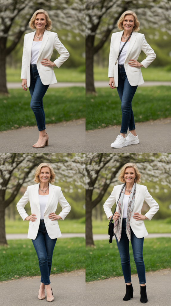 Classic White Blazer with Dark Denim