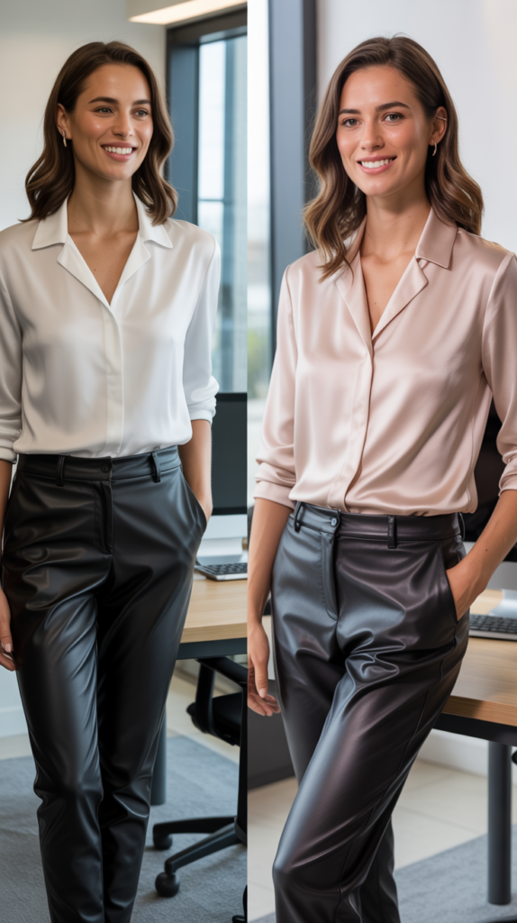  Leather Pants with Silk Blouse
