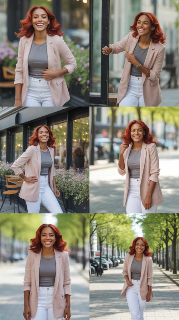 Blush Pink Blazer with White Jeans and Gray Top