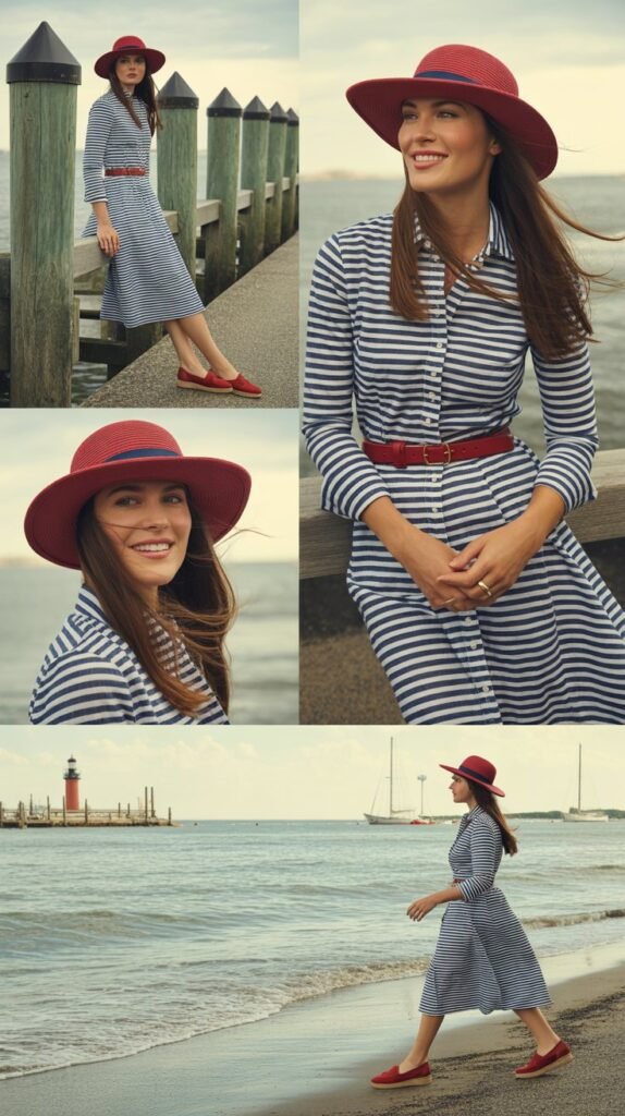 Striped Navy and White Shirt Dress with Red Accessories