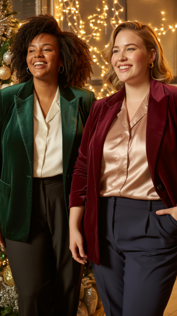 Velvet Blazer with Silk Blouse and Trousers