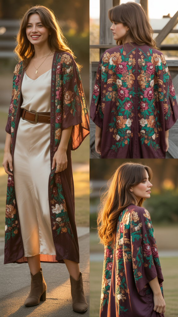Embroidered Kimono Over Simple Dress