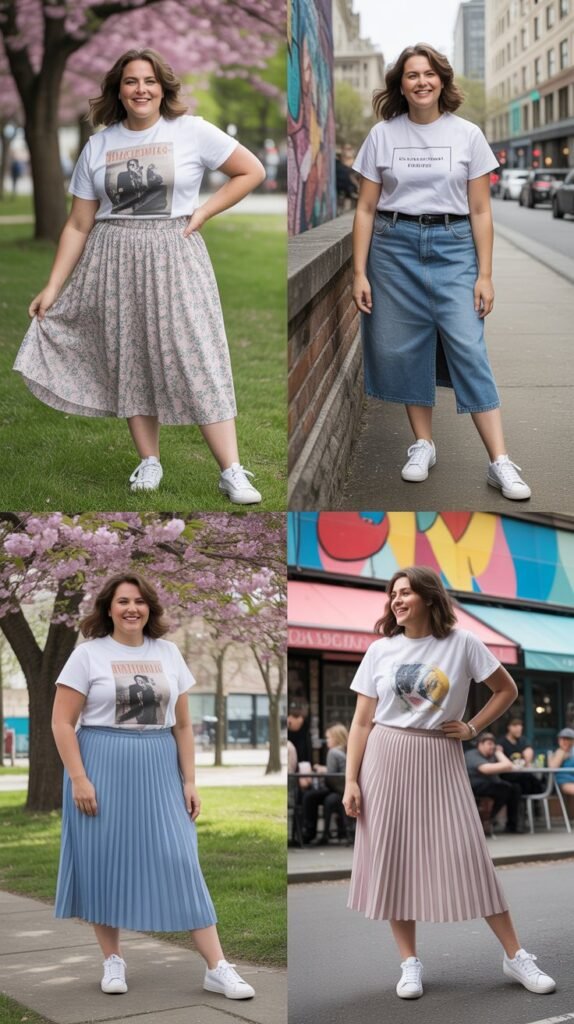  Midi Skirt with Graphic Tee and Sneakers