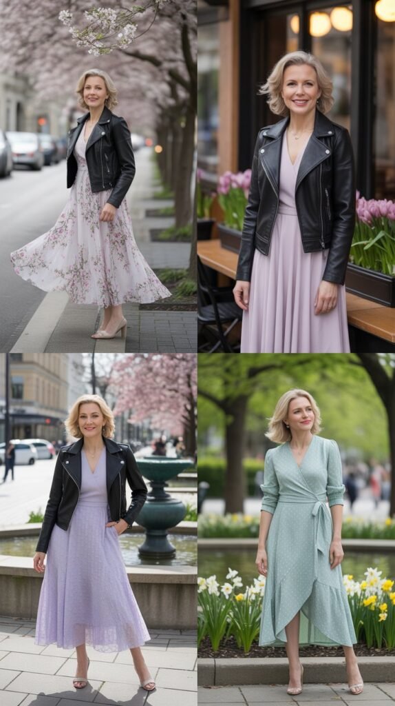 Leather Jacket with Feminine Dress