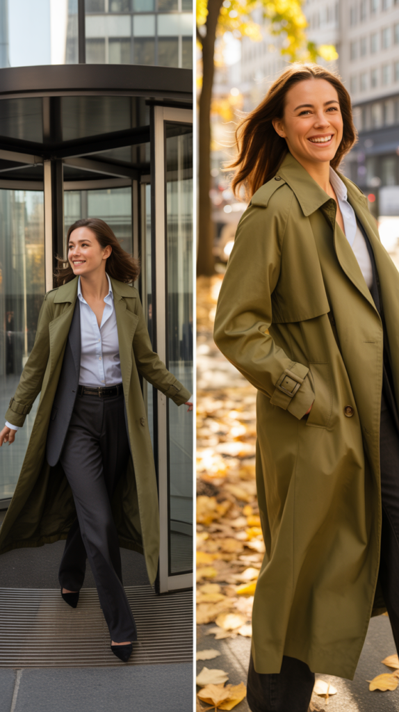  Olive Green Trench Coat Over Business Casual