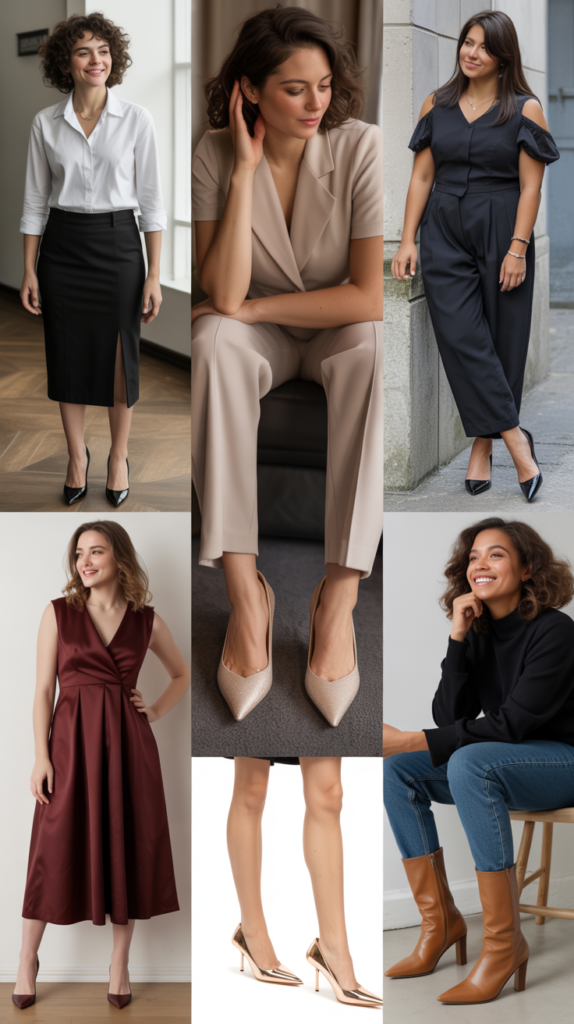 Realistic 3 image collage showing curvy women wearing various three-quarter sleeve tops in different styles and colors, highlighting the flattering sleeve length that ends at the forearm