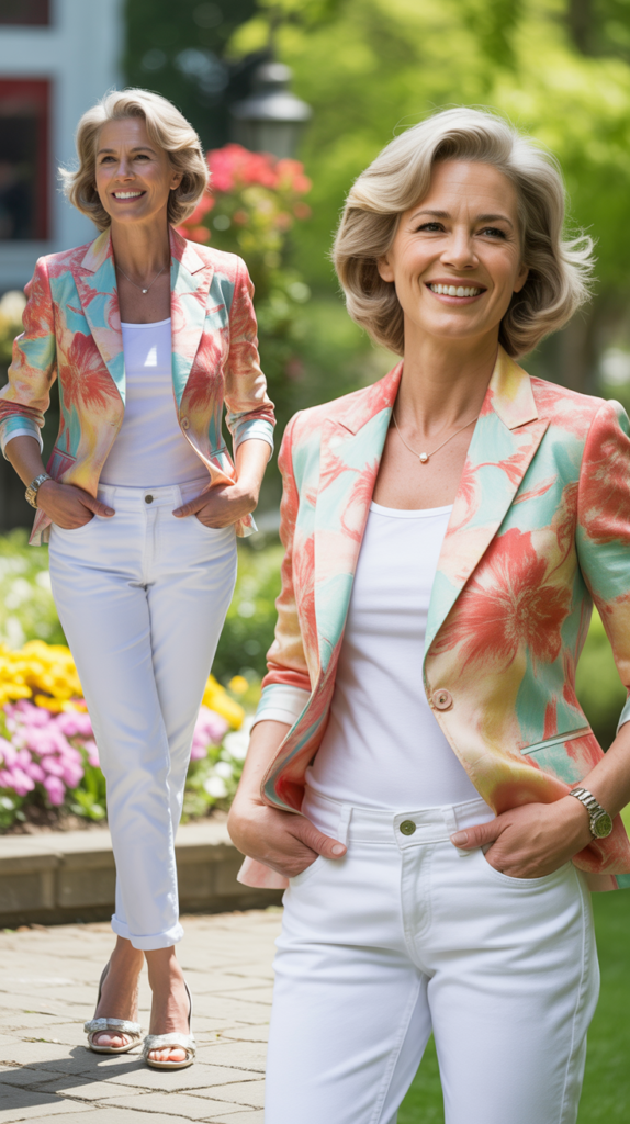 White Jeans with Colorful Blazer