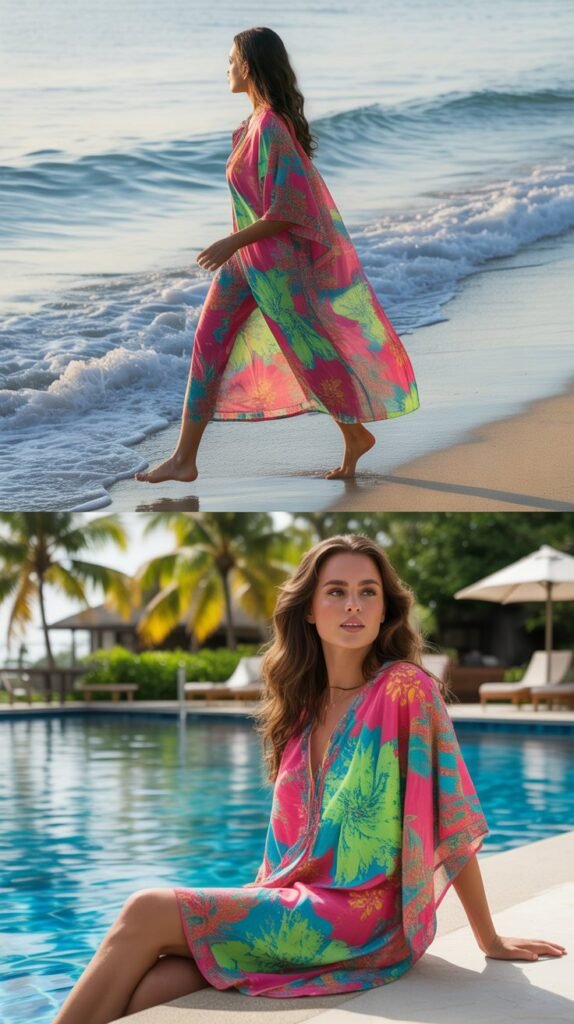  Neon Floral Beach Kaftan Dress