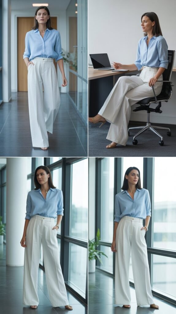Wide-Leg Linen Trousers with Tucked Blouse