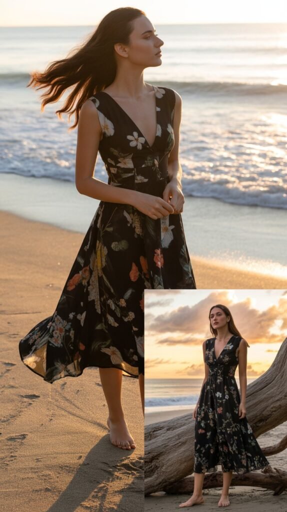 Black Background Floral Midi Dress