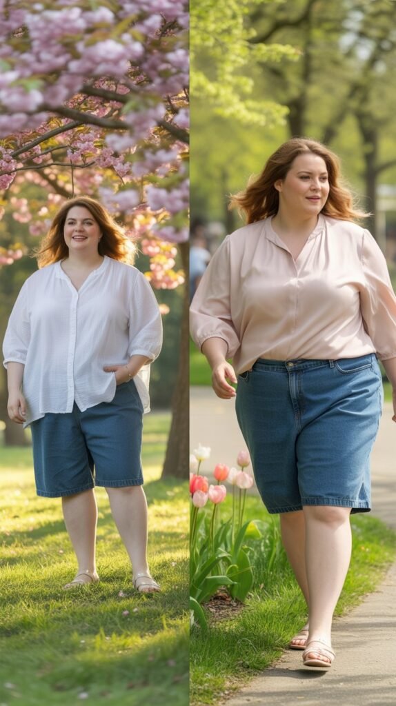Denim Shorts with Flowy Blouse