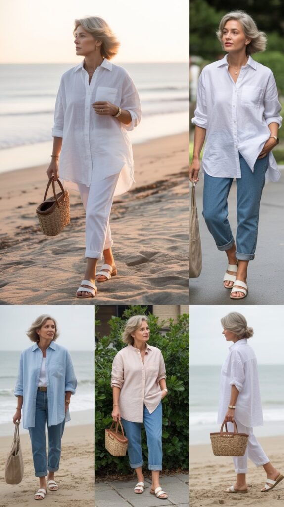  Relaxed Linen Shirt with Ankle Jeans and Slides