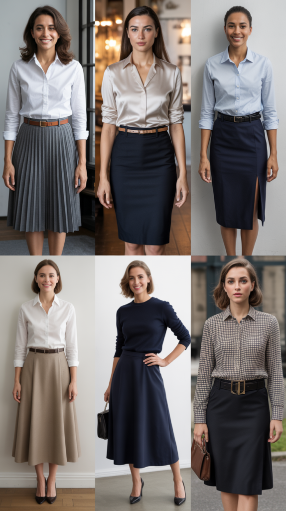 High-Waisted Skirt with Tucked-In Blouse