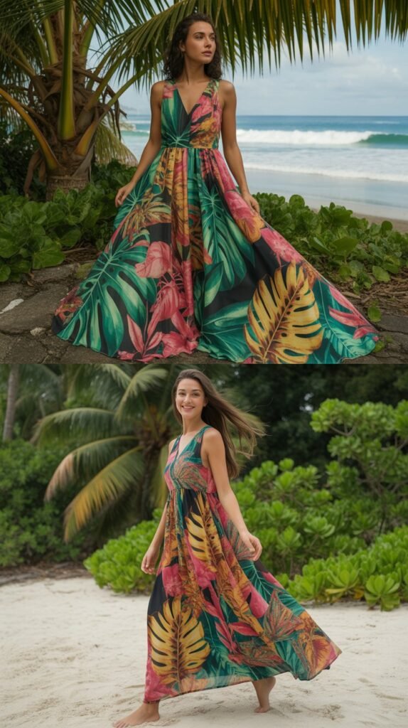 Tropical Leaf Print Maxi Dress