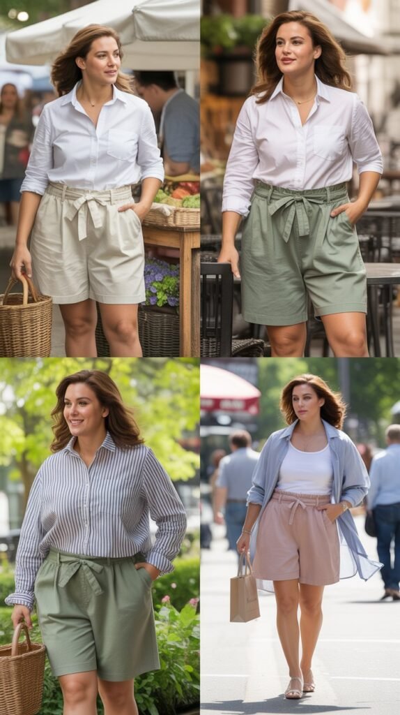 Paperbag Waist Shorts with Button-Down Shirt