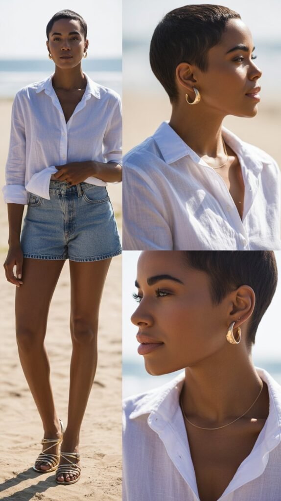 Classic White Linen Shirt and Denim Shorts