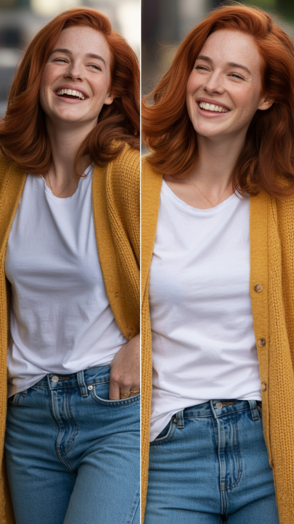Mustard Yellow Cardigan with Denim and White Tee