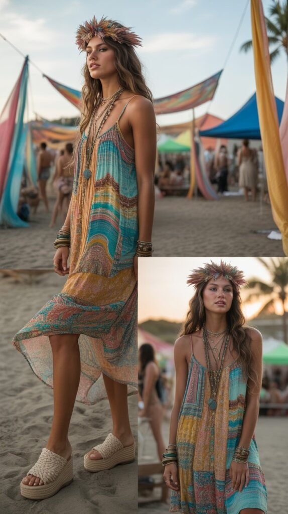 Multi-Color Patchwork Dress with Platform Sandals