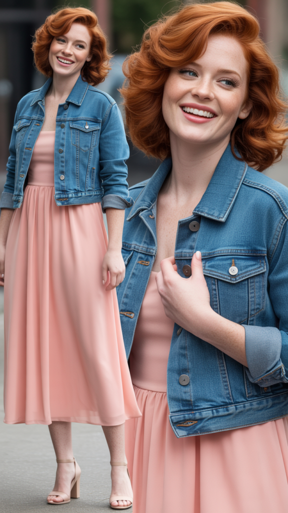 Soft Pink Midi Dress with Denim Jacket