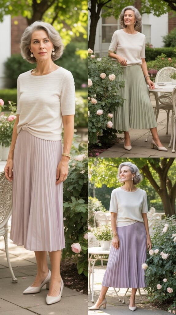  Pleated Midi Skirt with Simple Knit Top