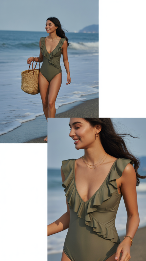 Ruffled One-Piece with Straw Tote