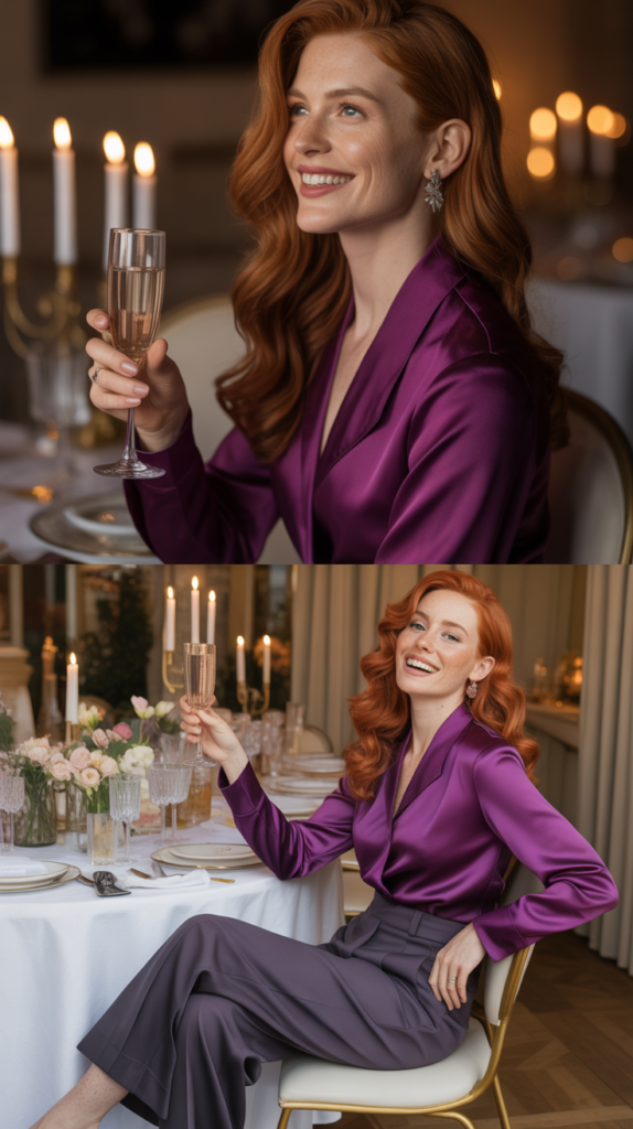 Purple Satin Blouse with Wide-Leg Trousers