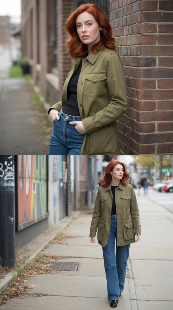 Olive Green Utility Jacket with Denim