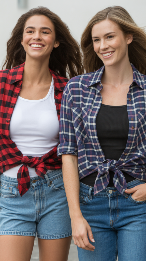Plaid Shirt Tied Around Waist with Tank